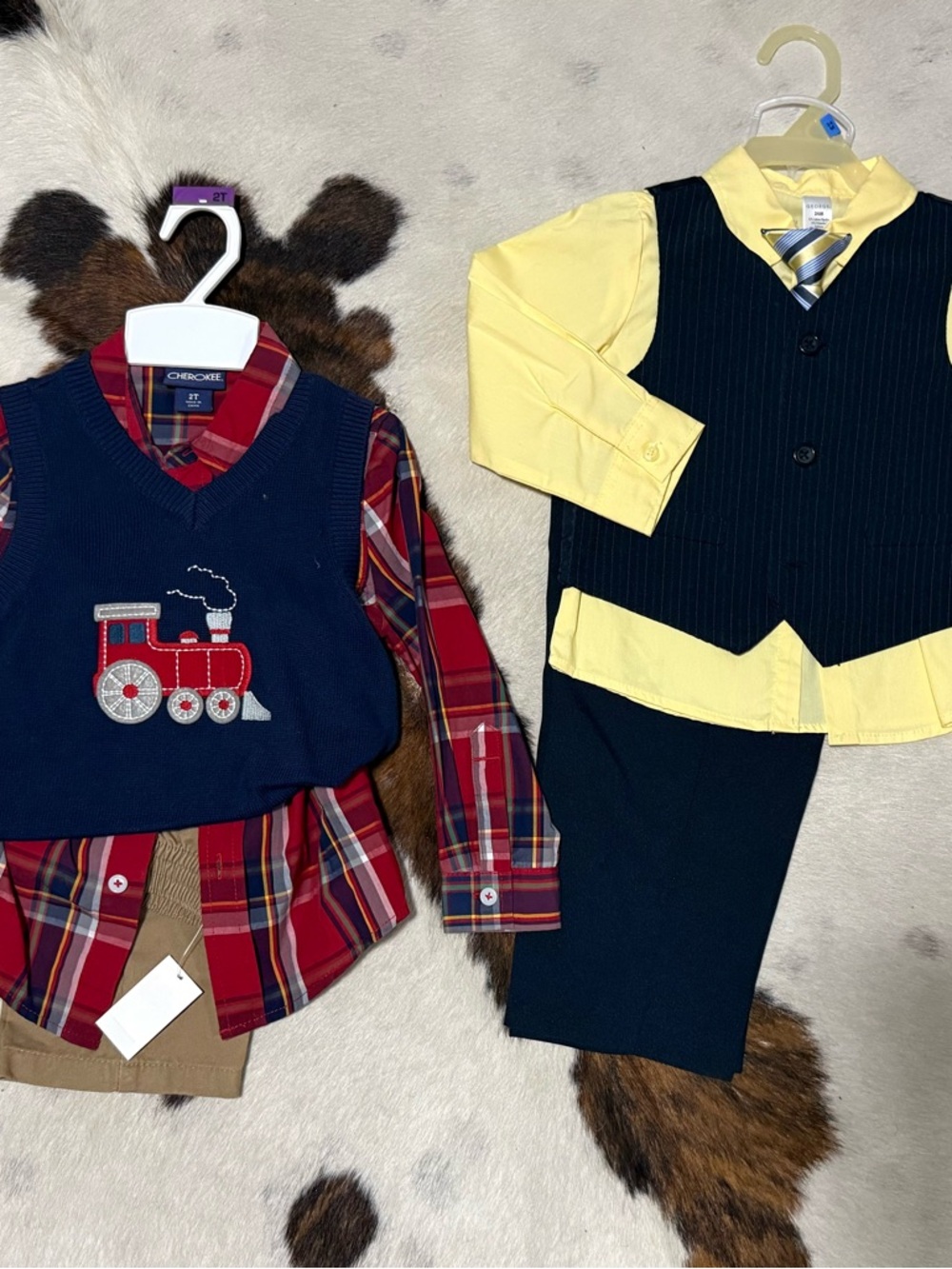 Lot of 2; Toddler Boys Plaid Train Sweater Vest Set & Yellow Pinstripe Vest Suit